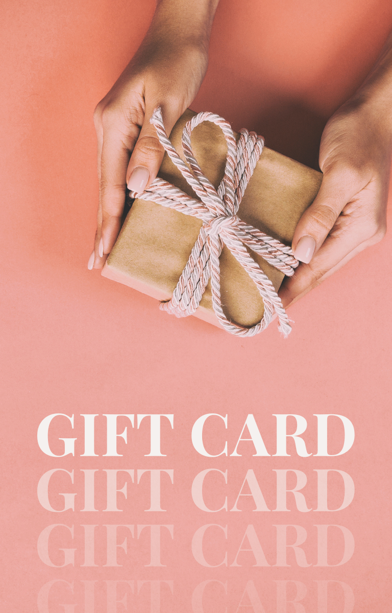 Hands holding a wrapped gift with 'Gift Card' text repeated on a pink background